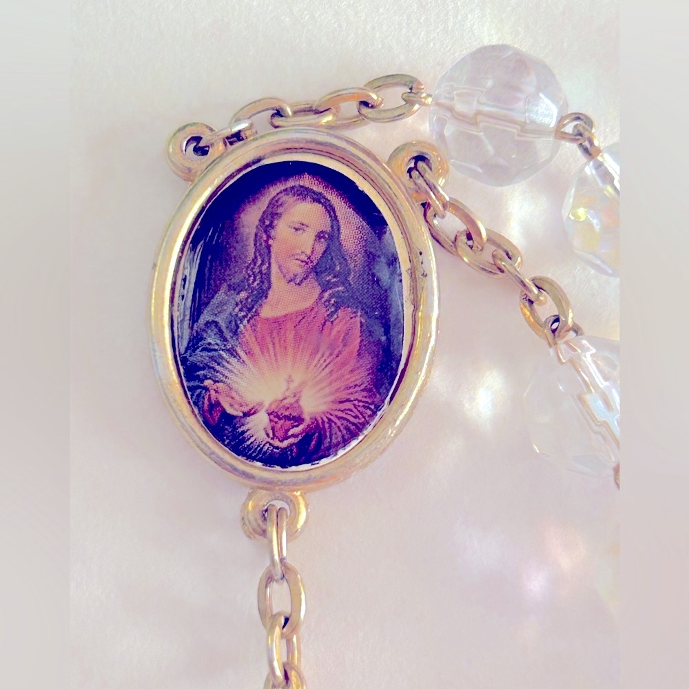 Vintage Rosary Aurora Borealis crystals, crucifix, Mary & Jesus 26”, 8” drop